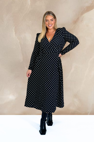 Curve wrap over midi dress in polka dot