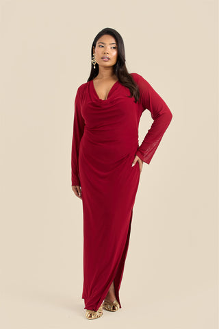 Plus Size Burgundy Long Sleeve Cowl Neck Mesh Maxi Dress