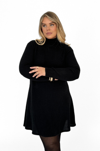 Curve Soft knitted swing style roll neck mini dress in black