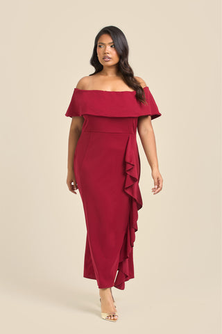 Curve Bardot Frill Scuba Midi Dress