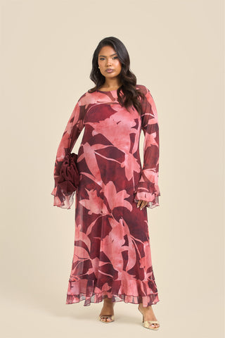 Curve Burgundy Abstract Ruffle Swing Style Maxi Dress