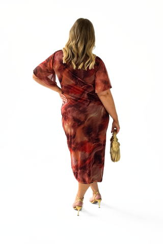 Curve angel sleeve abstract mesh midi dress