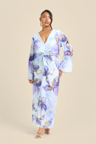 Curve Floral Lily Print Twist Front Mesh Flare Sleeve Midi Dress