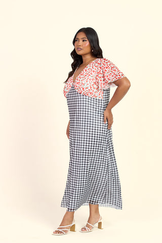 Curve Gingham And Floral Mixed Print Flutter Sleeve Midi Dress