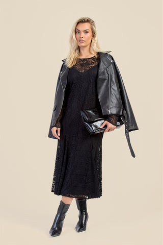 Curve Long Sleeve Lace Godet Hem Midaxi Dress