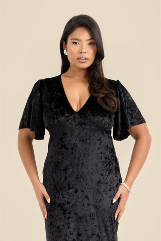 Curve Statement Flutter sleeve velvet ruffle hem maxi dress