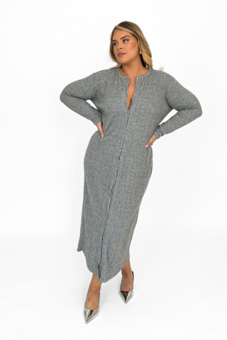 Curve knitted button front long sleeve midaxi jumper dress in Silver grey