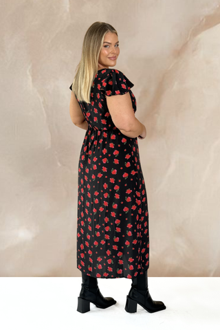 Curve angel sleeve woven midi dress in rose print