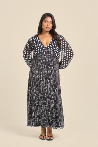 Curve Mixed Polka Dot Balloon Sleeve Midi Dress