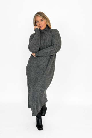 Curve knitted rib roll neck midaxi jumper dress in charcoal