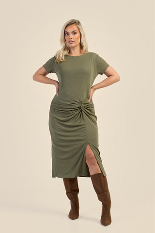 Curve Textured Knit Knotted Front Midi Dress