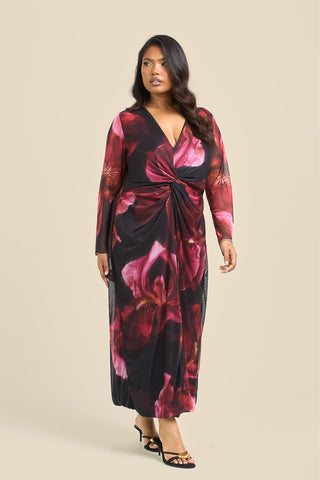 Curve Twist front large floral burgundy mesh midi dress
