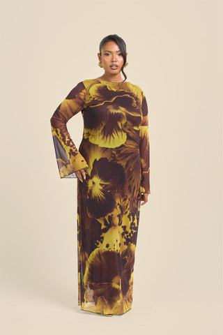 Curve Flare Sleeve Bold Floral Mesh Maxi Dress