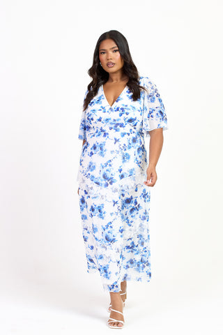 Curve Blue Floral Lace Trim Flutter Sleeve Midi Dress