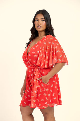 Curve Wrap Front Ditsy Floral Belted Playsuit