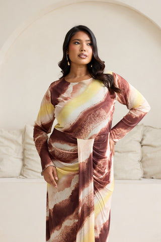 Curve Abstract Print Draped Front Long Sleeve Midi Dress