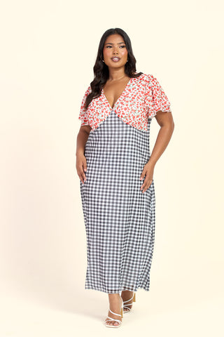 Curve Gingham And Floral Mixed Print Flutter Sleeve Midi Dress