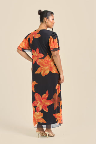 Curve Flutter Sleeve Bold Floral Midi Dress