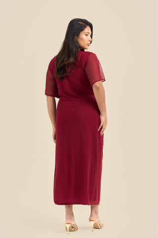 Plus Size Ruched Mesh Angel Sleeve Midaxi Dress