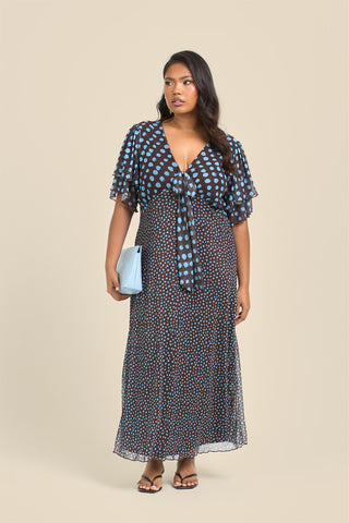 Curve Flutter Sleeve Mixed Polka Dot Midi Dress