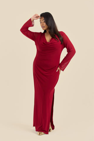 Plus Size Burgundy Long Sleeve Cowl Neck Mesh Maxi Dress