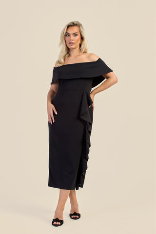 Curve Bardot Fold Over Scuba Crepe Ruffle Midaxi Dress