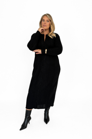 Curve knitted button front long sleeve midaxi jumper dress in Black