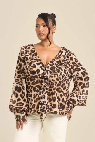 Plus Size Leopard Print Ruffle Chiffon Blouse