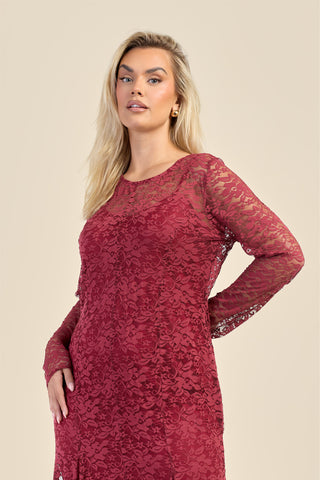 Curve Long Sleeve Lace Godet Hem Midaxi Dress