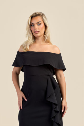 Curve Bardot Fold Over Scuba Crepe Ruffle Midaxi Dress