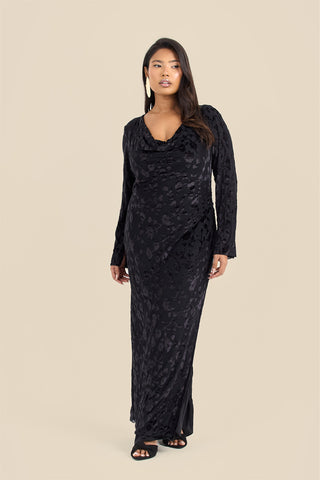 Plus Size Black Velvet Devore Cowl Neck Maxi Dress