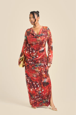 Curve Cowl Neck Abstract Butterfly Flare Sleeve Maxi Dress