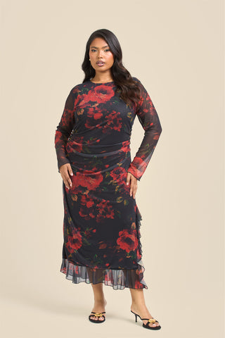 Curve Rose Print Ruffle Hem Mesh Midi Dress