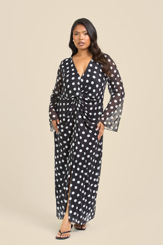 Curve Twist Front Polka Dot Mesh Midi Dress