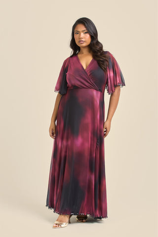 Curve Angel Sleeve wrap front maxi dress in berry abstract print