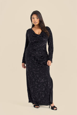Plus Size Black Velvet Devore Cowl Neck Maxi Dress