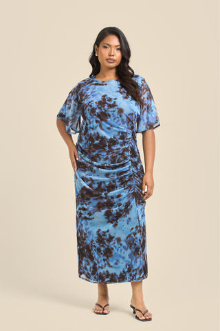 Curve Blue Abstract Print Flutter Sleeve Ruched Midi Dress