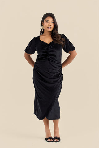 Plus Size Black Velvet Puff Sleeve Ruched Midi Dress