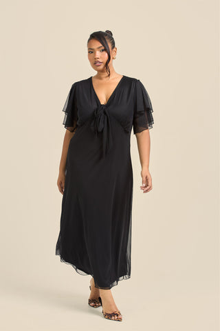 Curve Flutter Sleeve Black Mesh Tie Front Midi Dress