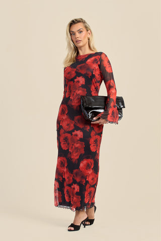 Curve Large floral flare sleeve mesh maxi dress