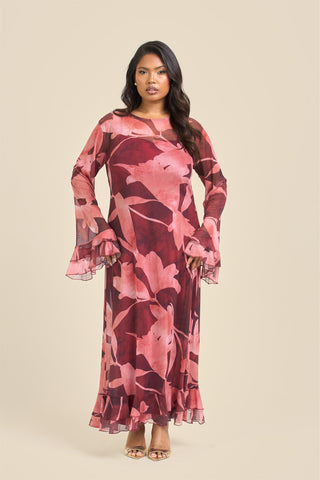 Curve Burgundy Abstract Ruffle Swing Style Maxi Dress