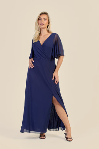 Curve Wrap Front Angel Sleeve Mesh Maxi Dress