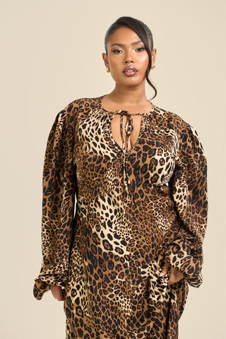 Curve Satin Statement Sleeve Leopard Print Maxi Dress