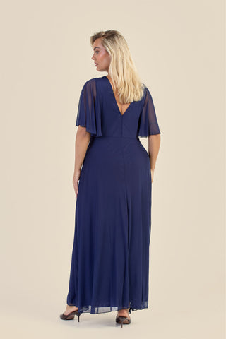Curve Wrap Front Angel Sleeve Mesh Maxi Dress