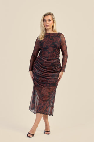 Curve Autumn Rose Ruched Mesh Midaxi Dress