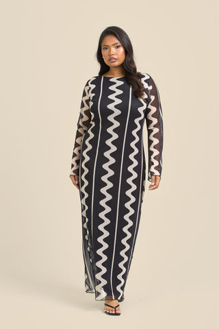 Curve mono print mesh flare sleeve maxi dress