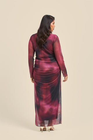 Curve plunge neck burgundy ruched mesh midaxi dress