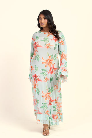 Curve Lily Print Long Sleeve Ruffle Swing Maxi Dress