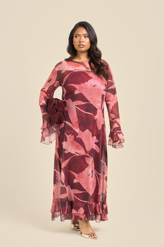 Curve Burgundy Abstract Ruffle Swing Style Maxi Dress