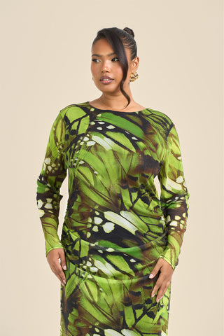 Curve Abstract Print Ruched Mesh Midaxi Dress